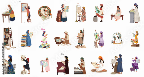 Konstfotografi Collection of flat vector illustrations featuring diverse women as cartographers and explorers studying world maps, globes, and navigational tools in a vintage style