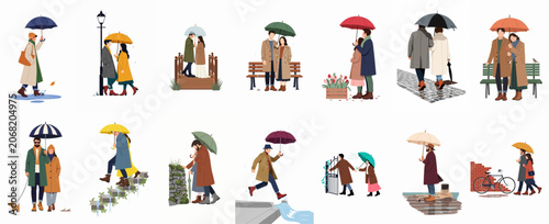 Foto Set of diverse flat illustrations featuring people and couples wearing trench coats and carrying umbrellas during various rainy autumn weather scenes