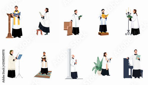 Konstfotografi Set of flat vector illustrations of church choir members, priests, and cantors in traditional vestments performing various religious activities