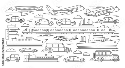 Simple hand drawn line art car icon with clouds for children coloring page
