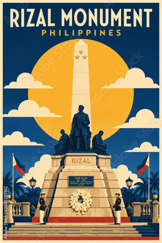Rizal Monument Philippines Vector Poster, Manila National Landmark Travel Illustration with Filipino Heritage and Flag Design