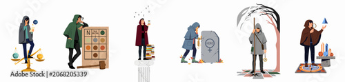 Photos Collection of six character illustrations representing different moral and philosophical concepts like justice, neutrality, knowledge, and heroism in a minimalist fantasy art style