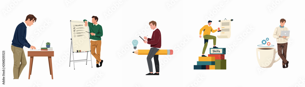 Fototapeta premium Flat illustration set of a professional man working, presenting progress, brainstorming ideas, and developing career skills in various business scenarios.