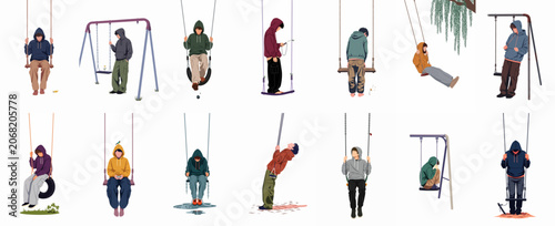 Photos Collection of lonely and melancholic teenage boys in hoodies on various swings, illustrating themes of depression, isolation, and youth mental health problems