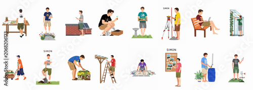 Sustainable Living and DIY Gardening Illustration Set Featuring a Man Engaged in Various Eco-Friendly Outdoor Activities and Home Improvement Projects