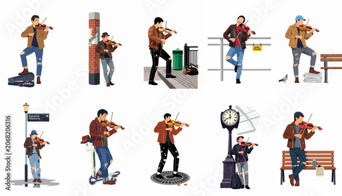 Collection of flat vector illustrations depicting a male street musician playing the violin in various urban settings such as stations, parks, and sidewalks.