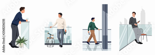 Collection of flat vector illustrations showing professional men on modern balconies with city views, depicting urban lifestyle, business success, and contemplative moments.