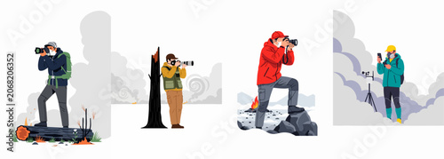 Illustration set of men documenting environmental disasters, wildfires, and volcanic activity while wearing protective gear.