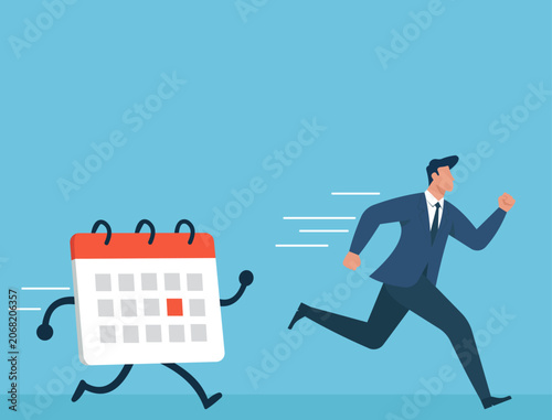 Foto Businessman Running Away From Calendar: Time Management, Deadline Stress, Work A