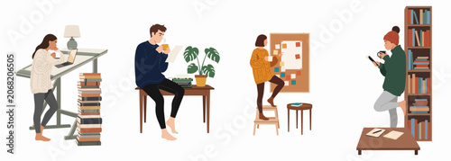 Set of four illustrations showing diverse young people working from home, studying, and being productive in cozy, stylish home office environments.
