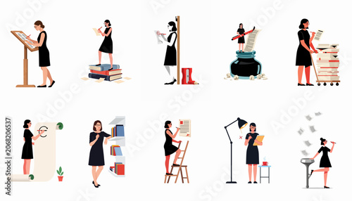 Fotografie Flat vector illustrations depicting a professional woman engaged in various writing, editing, and publishing tasks across different creative scenarios