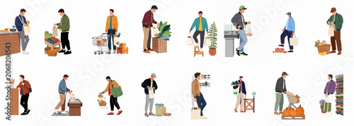 Tableau sur toile Collection of flat vector characters showing diverse men grocery shopping with eco-friendly bags, shopping carts, and at market stalls