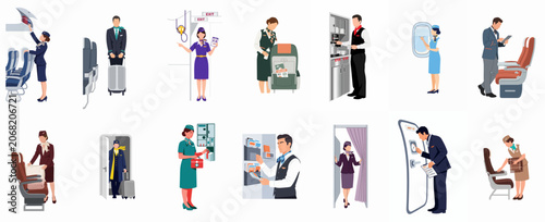 Flat Illustration Collection of Professional Airline Cabin Crew and Pilots Performing Various Duties and Services Inside an Aircraft