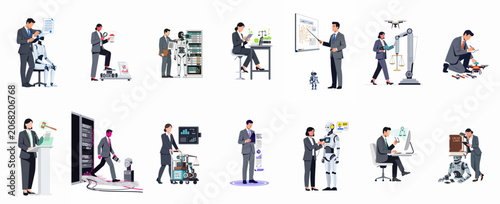 Collection of conceptual illustrations showing the intersection of law and technology, featuring legal professionals, robots, artificial intelligence ethics, and regulatory compliance scenarios.