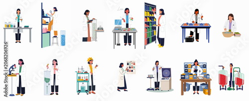 Vector illustrations of professional women scientists and lab technicians conducting research, experiments, and quality control tests in various laboratory and industrial settings.