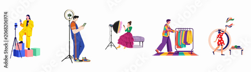 Set of illustrations depicting content creators, fashion bloggers, and influencers recording videos and photos for social media using smartphones and professional lighting equipment.