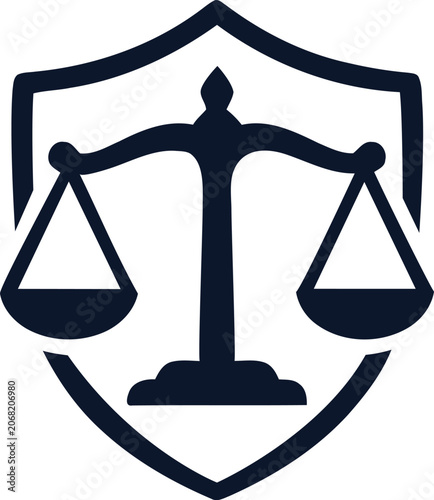 A navy blue icon of a shield with a scale 