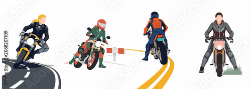 Collection of diverse women riding motorcycles, wearing protective gear and helmets, presented in a modern flat vector illustration style.