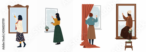 Collection of Four Women in Cozy Winter Outfits Drawing Hearts on Mirrors and Frosted Windows for a Romantic and Warm Atmosphere
