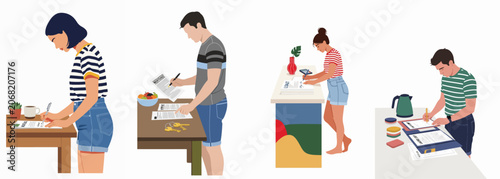 Set of flat illustrations showing people signing mortgage, loan, and lease agreements at home, representing financial decisions and property ownership.