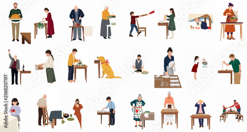 Diverse collection of people and families preparing for and celebrating a traditional Christmas holiday dinner in a flat minimalist illustration style.