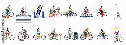 Diverse Collection of Flat Vector Illustrations of People Riding Bicycles in Various Urban Environments and Situations