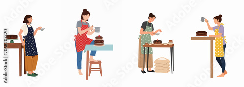 Set of four flat vector illustrations featuring women in polka-dot aprons baking and decorating chocolate cakes isolated on a white background.