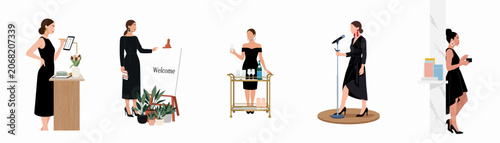Elegant minimalist illustrations of professional women in black dresses performing various roles at a sophisticated corporate or social event.