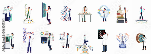 A collection of flat vector illustrations featuring female scientists engaged in genetics research, biotechnology, DNA analysis, and laboratory experiments in modern settings.