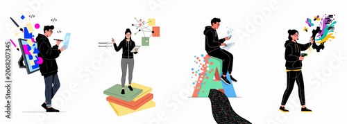 Collection of flat illustrations representing diverse tech and creative roles like coding, UI design, software engineering, and innovative product development.