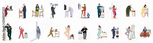 Flat vector illustration of diverse people in pajamas checking online lottery results and playing games of chance from their homes.