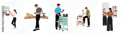 Set of flat vector illustrations depicting professional barbers and hair stylists organizing tools and equipment in a modern salon or barbershop.