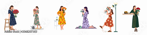 Set of six illustrations featuring young women in fashionable floral dresses holding various beautiful flower bouquets for romantic and celebratory occasions.