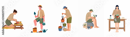Flat vector illustration set of people planting and caring for succulents and cacti in pots with various gardening tools.