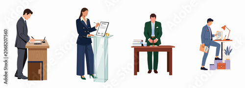Set of business professionals signing contracts, legal documents, and official agreements in various office settings, flat vector illustration on white background.