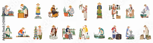 A collection of various senior women characters engaged in diverse gardening, herbalism, and plant care activities, isolated on a white background.