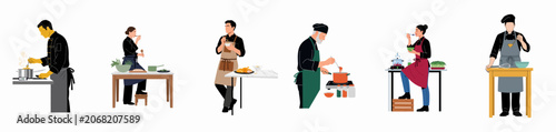 Set of diverse professional chefs in black uniforms and aprons cooking, tasting, and preparing various dishes in a commercial kitchen environment.