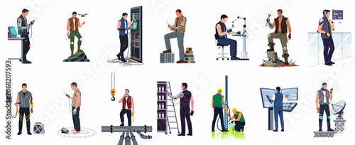 A collection of vector illustrations showing futuristic men with cybernetic implants working in various high-tech, industrial, and technical environments.