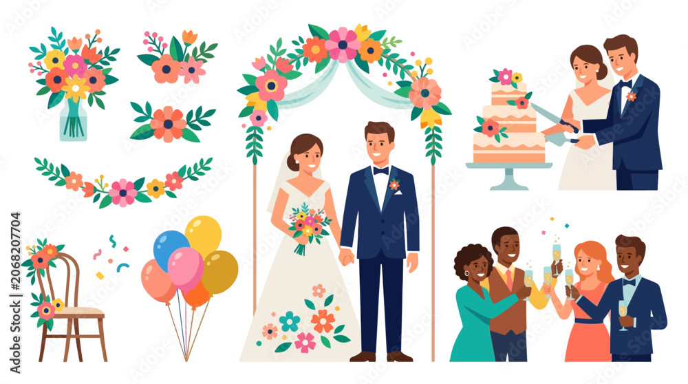 Fototapeta premium Romantic Summer Wedding Celebration Vector Asset Sheet with Bride Groom, Wedding Arch and Toasting Guests in Clean Flat Design for Love and Party Concepts