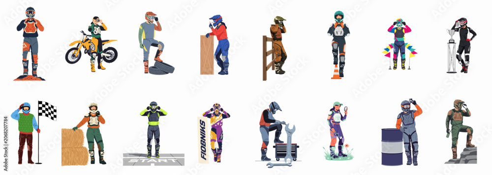 Fototapeta premium Set of diverse motocross riders in full racing gear, featuring various poses, equipment, and race-day scenarios on a white background.