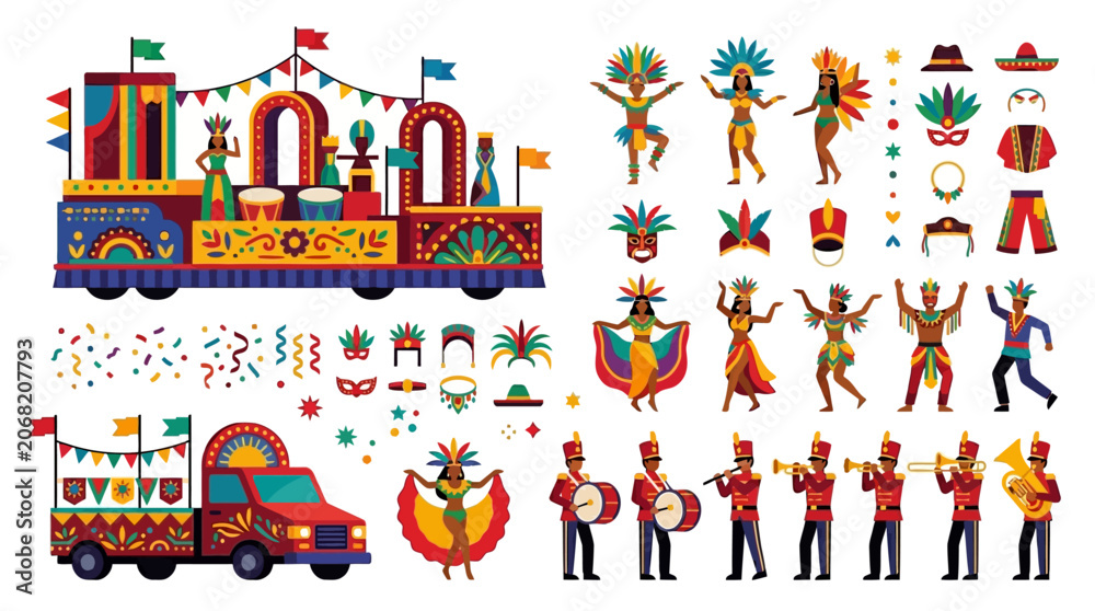Fototapeta premium Colorful Parade and Festival Floats Vector Asset Sheet with Marching Band, Costumes and Confetti in Clean Flat Design for Grand Celebration Concepts