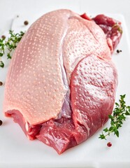 Raw duck breast fillet with skin on a cutting board, culinary ingredient for gourmet cooking, protein source, healthy nutrition, food photography