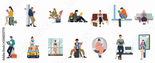 Vector illustration collection of diverse people reading books while waiting for flights or trains at airports and stations.