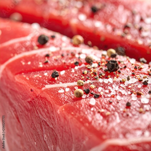 Raw beef steak closeup seasoned with coarse sea salt and black peppercorns, fresh meat texture for culinary food photography and restaurant menu design
