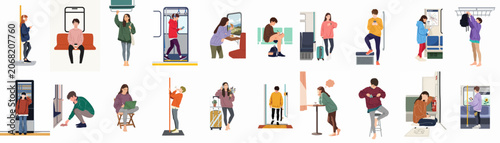Flat vector illustration collection of diverse people commuting and traveling by subway and train, engaging in various everyday activities.