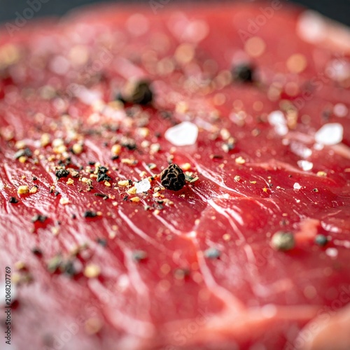 Raw beef steak closeup with black peppercorns and sea salt, seasoning preparation, culinary cooking, food background, protein nutrition