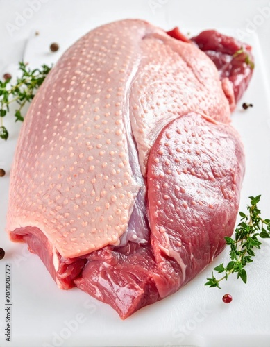 Raw duck breast fillet with skin on a cutting board, culinary ingredient for gourmet cooking, protein source, healthy nutrition, food photography