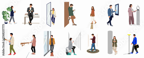 Flat vector illustrations of professional people in modern office environments performing various daily business tasks and activities.