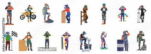 Set of diverse motocross riders in full racing gear, featuring various poses, equipment, and race-day scenarios on a white background.