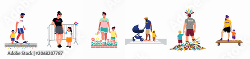 Flat Vector Illustration of Diverse Families and Parents with Children Celebrating LGBTQ Pride Month at a Parade with Rainbow Colors and Confetti.